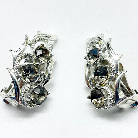 SARAH COVENTRY Smoky Rhinestone Earrings Silver Tone Clip On Curved Glam Bling - Picture 1 of 13